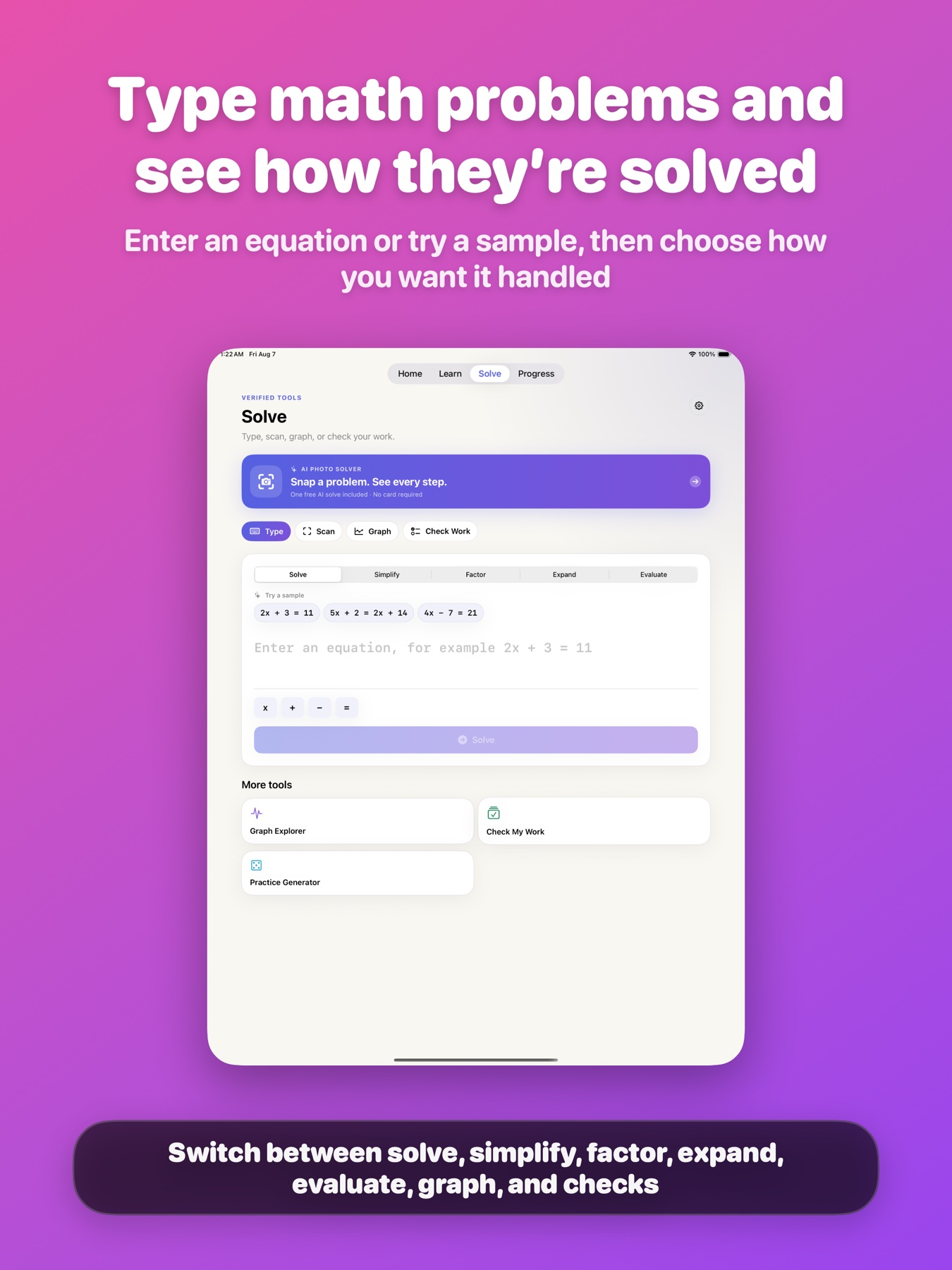 Algebra Buddy guided equation solver on iPad