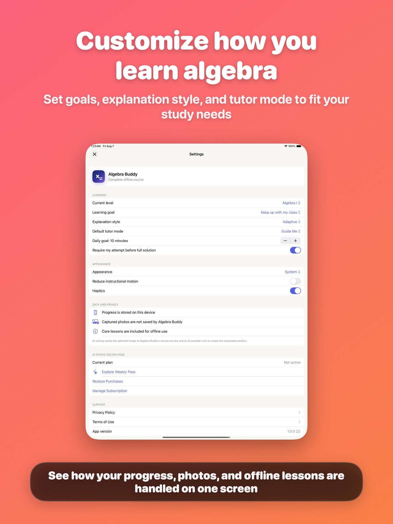 Algebra Buddy learning and privacy settings on iPad