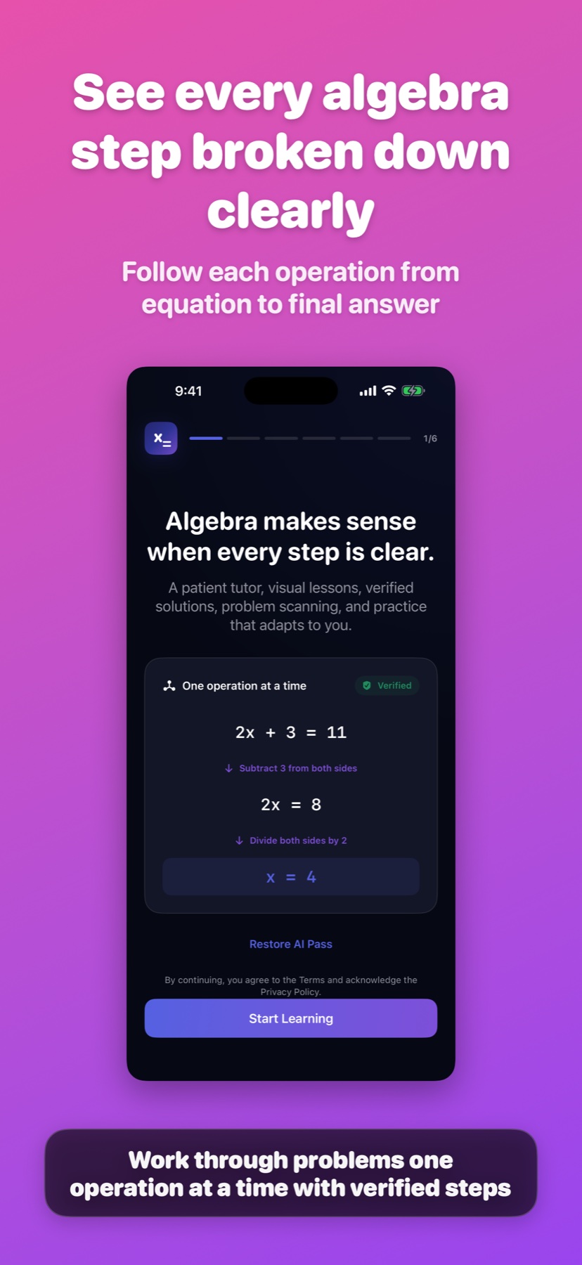 Algebra Buddy verified step-by-step equation walkthrough