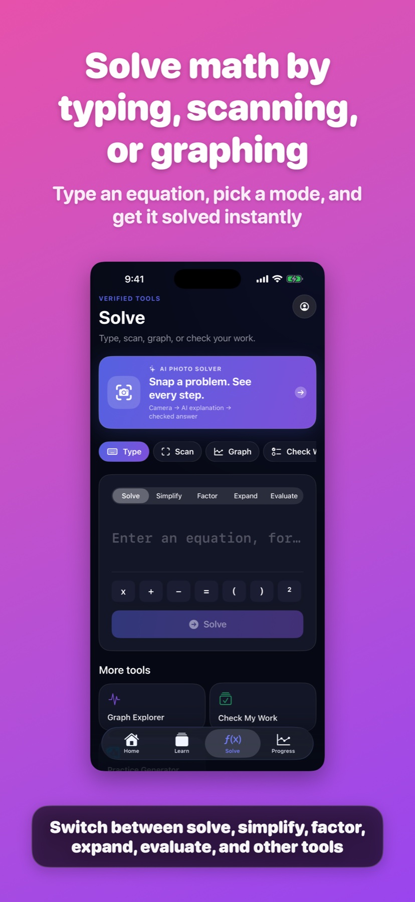 Algebra Buddy typed solver with solve, simplify, factor, expand, evaluate, graph, and check tools