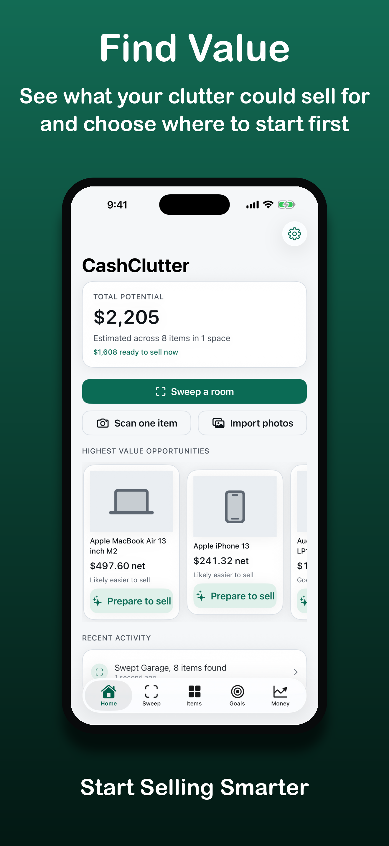 CashClutter home screen showing total potential resale value