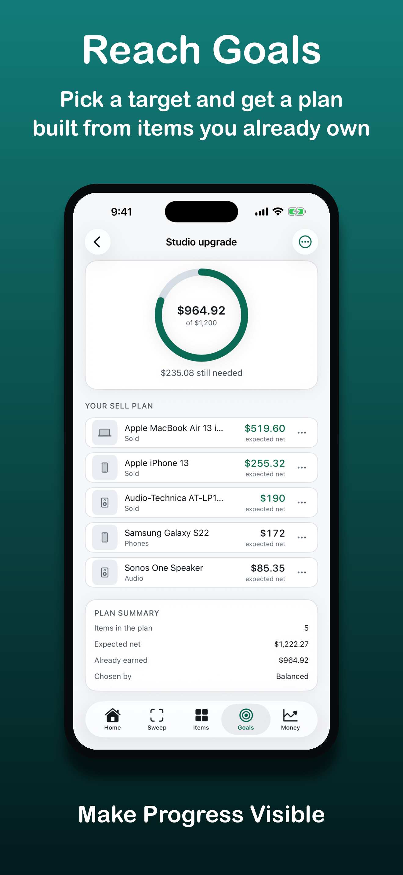 CashClutter cash goal plan built from selected items
