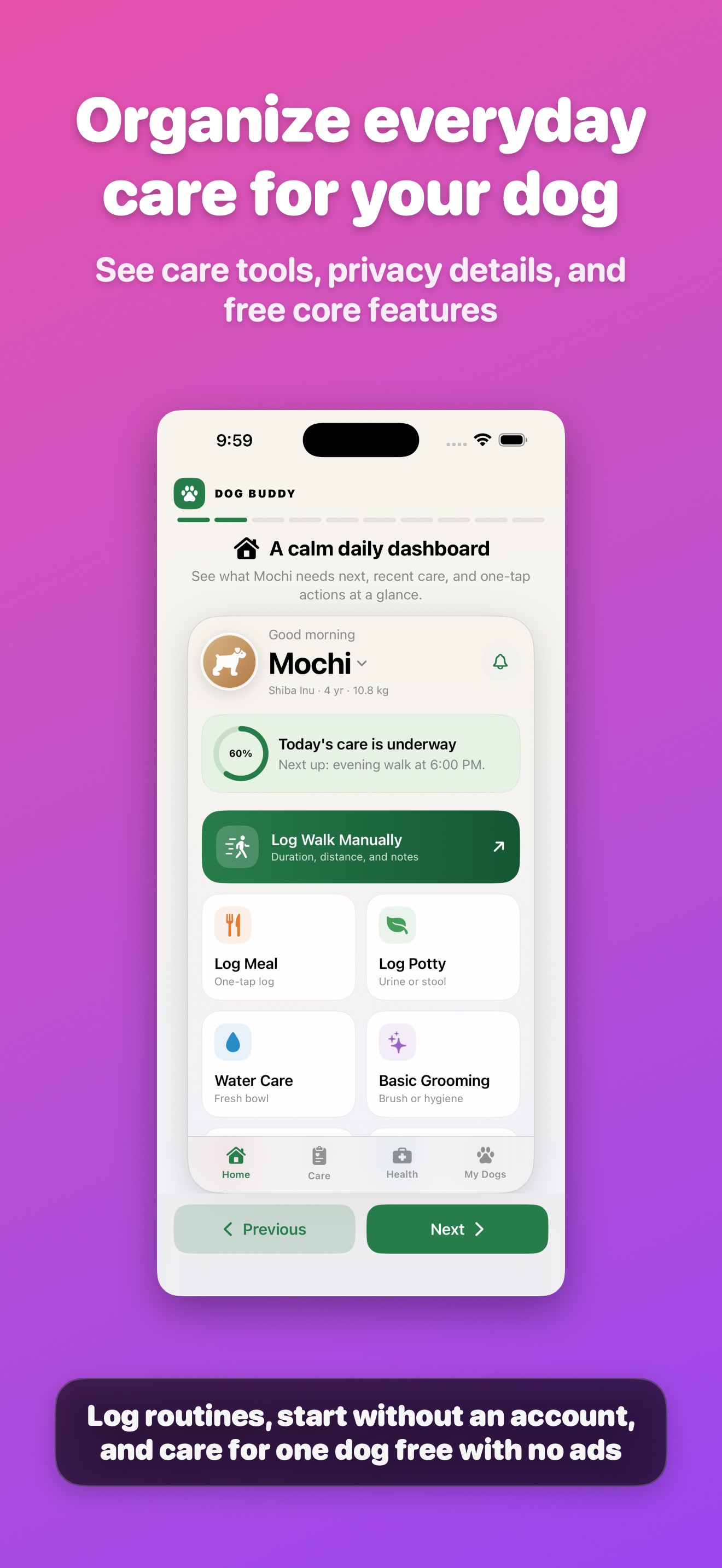 Dog Buddy onboarding showing care tools and privacy details