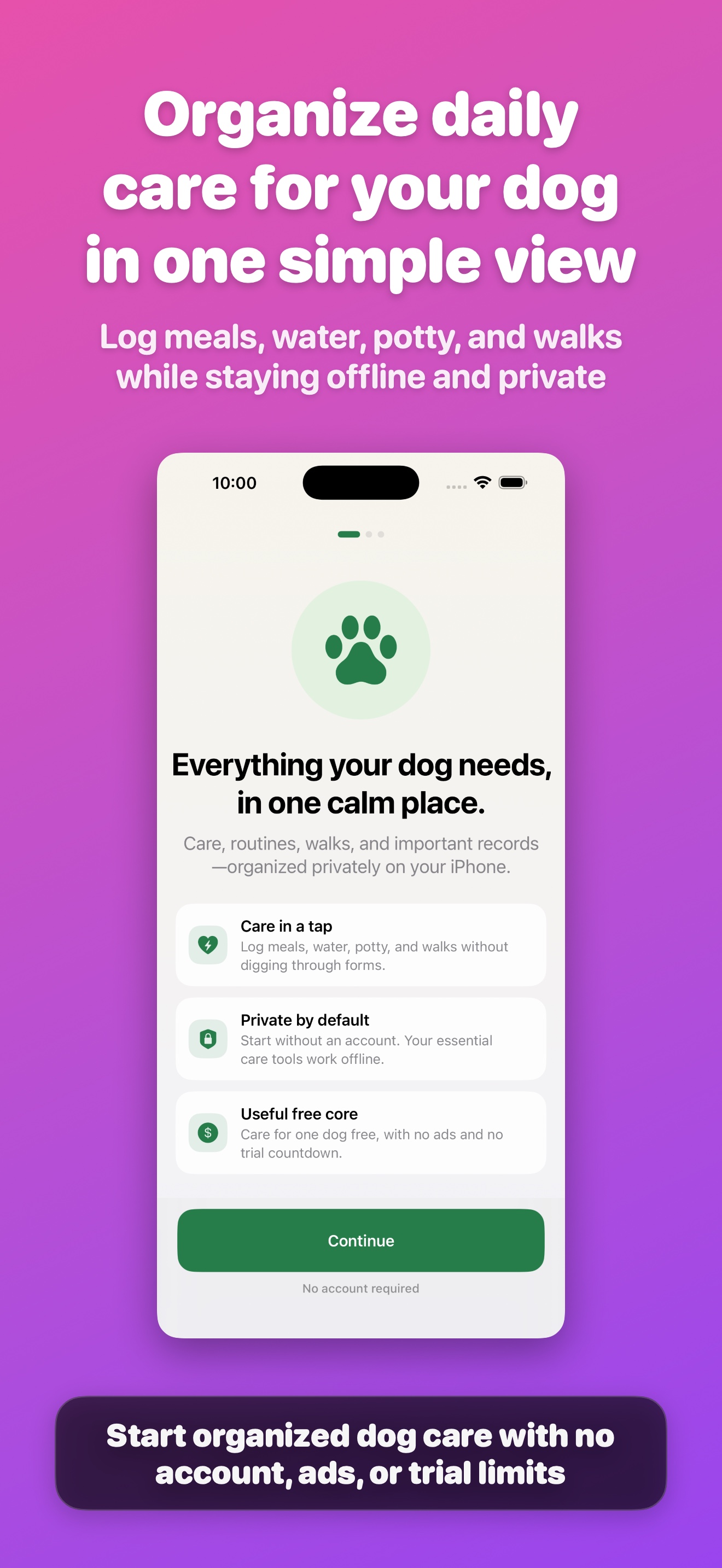 Dog Buddy daily care dashboard with meals, water, potty, and walks