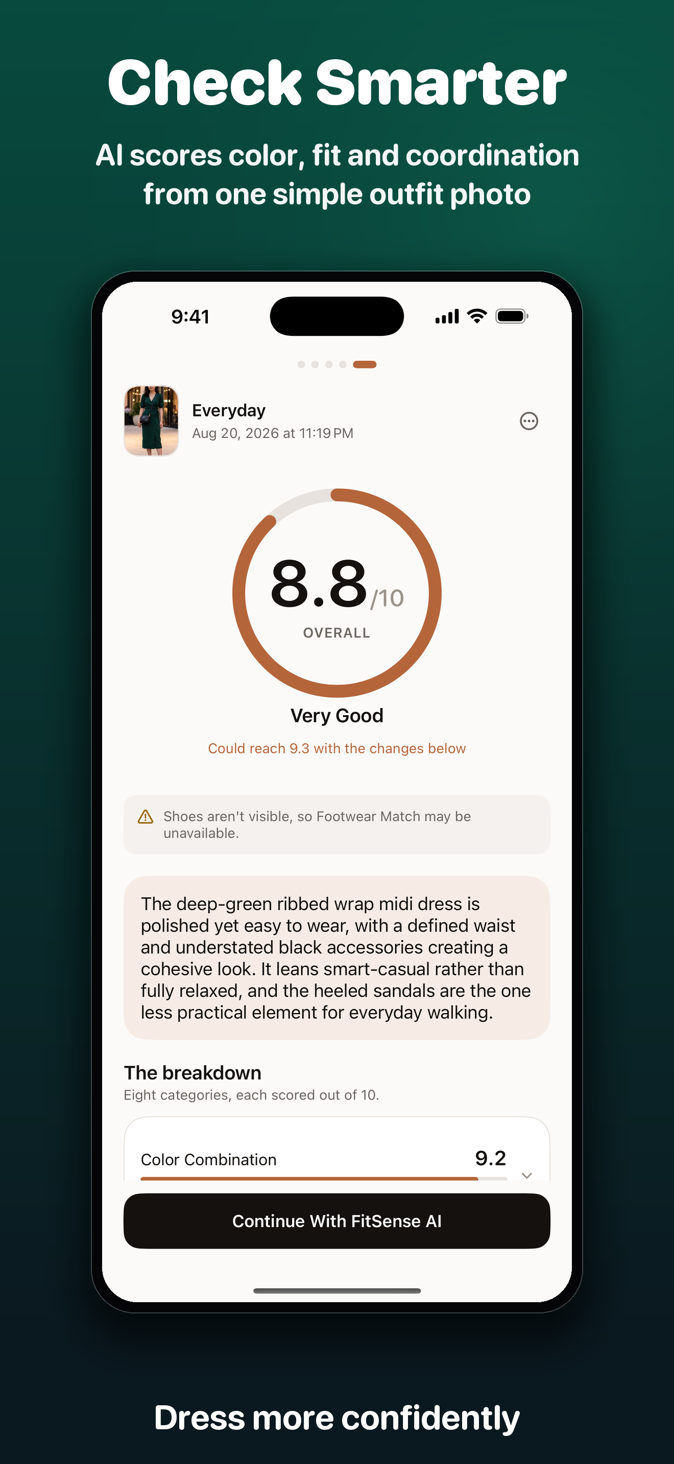 FitCheck - AI Stylist outfit scorecard with an overall score and detailed styling feedback