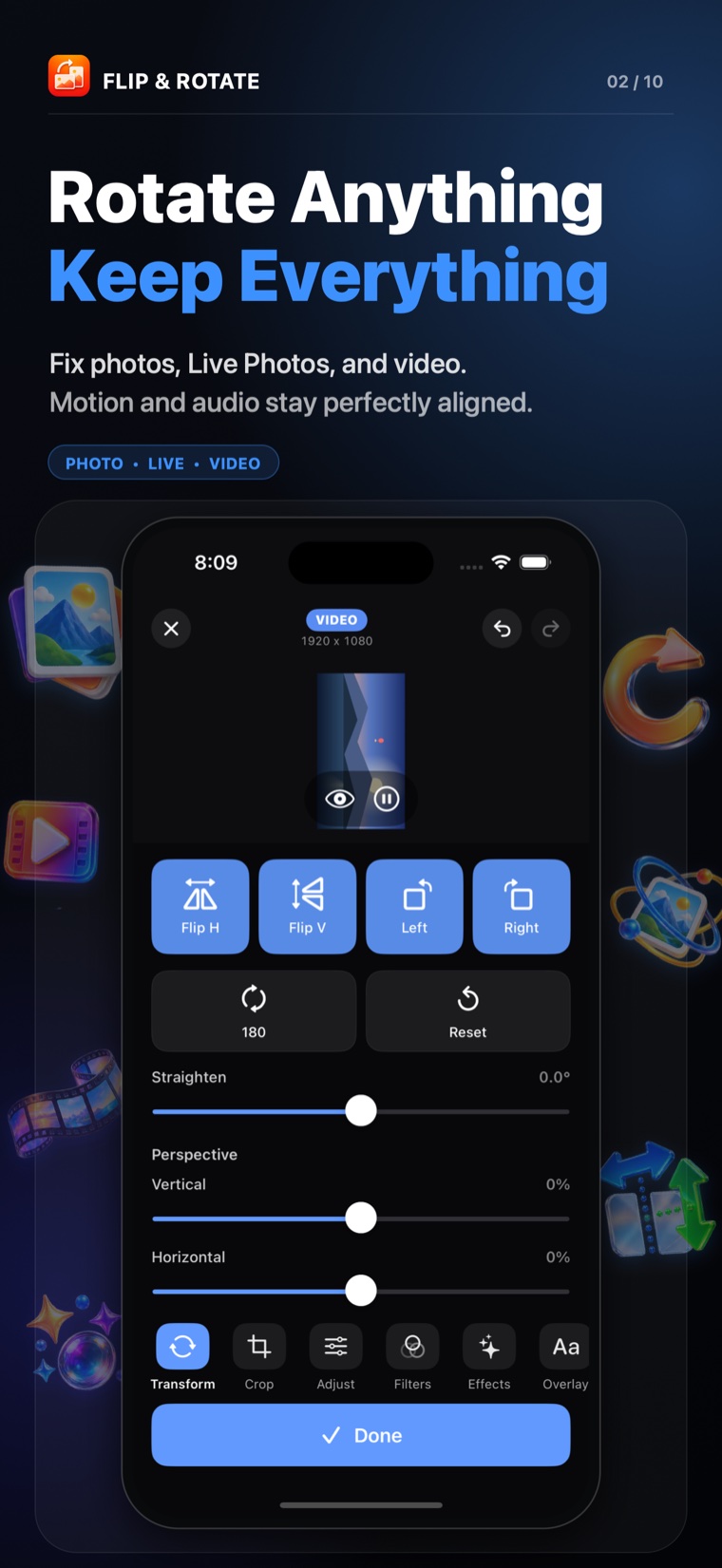 Flip Rotate controls for rotating photos, Live Photos, and video