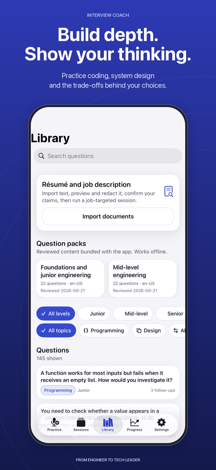 Interview Coach question library for technical roles and levels