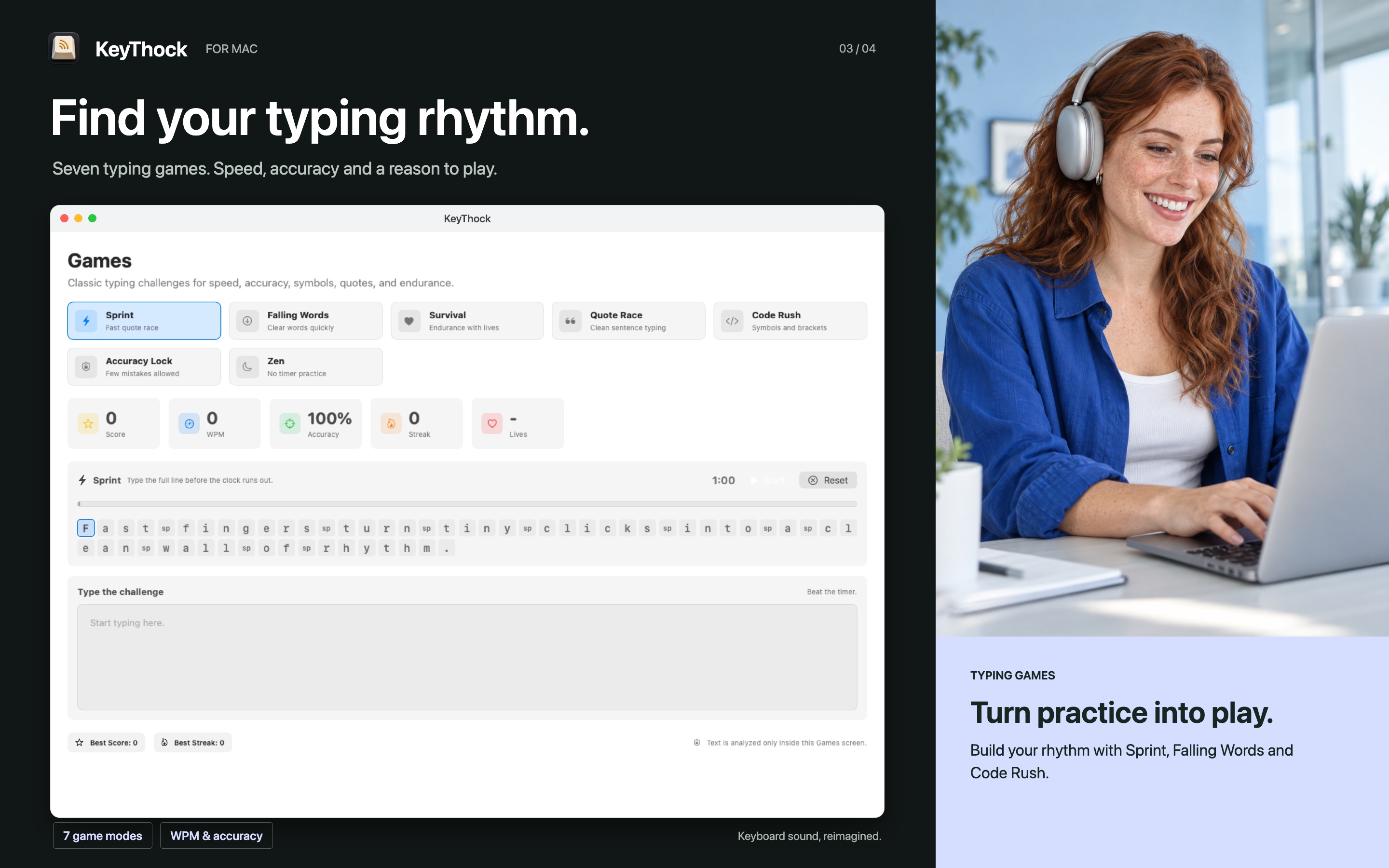 KeyThock typing games with Sprint, Falling Words, Survival, and Code Rush