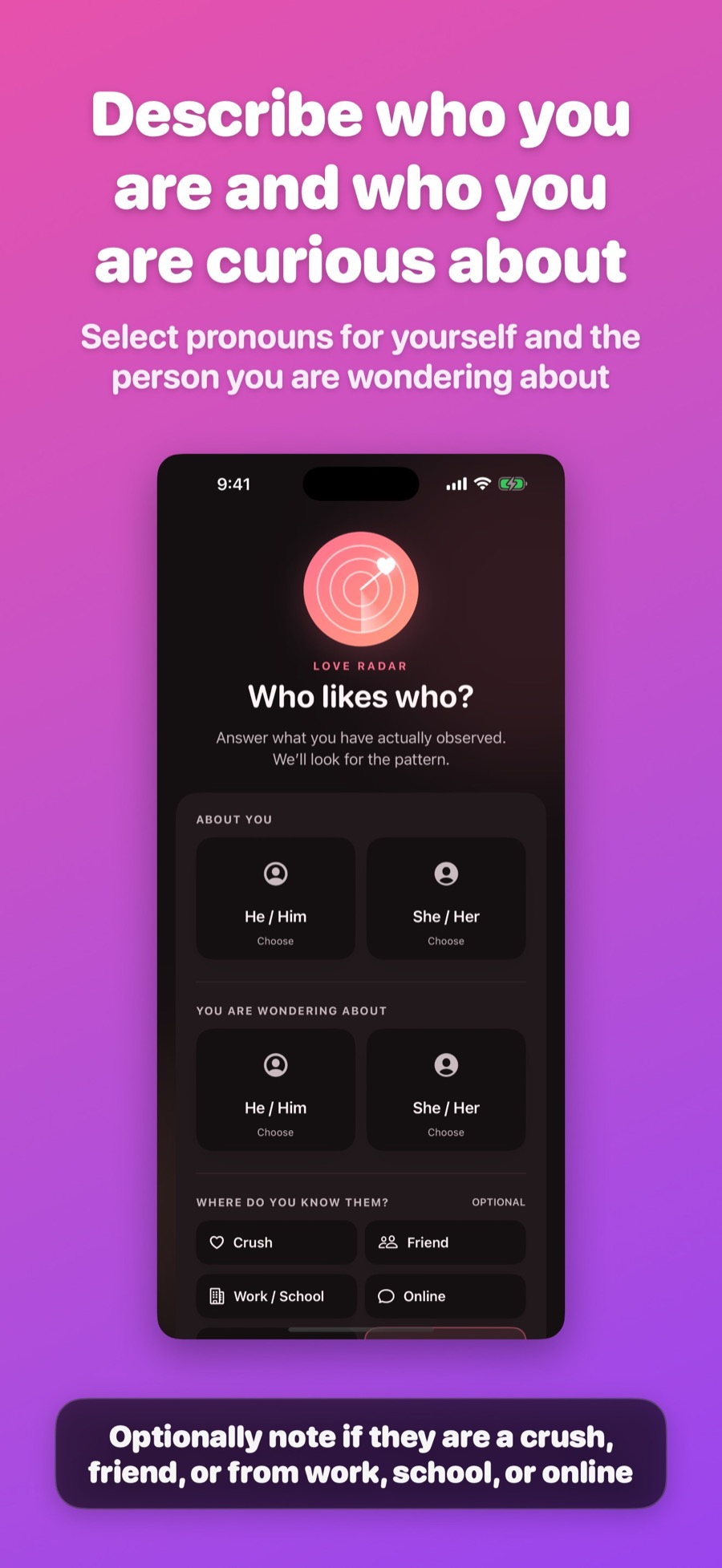 Love Radar setup for pronouns and relationship context