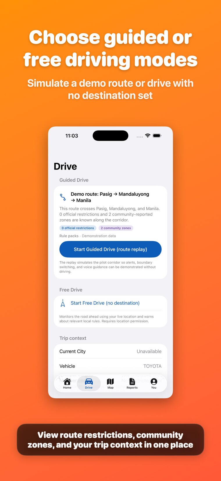 Metro Manila PH drive modes with guided and free driving options