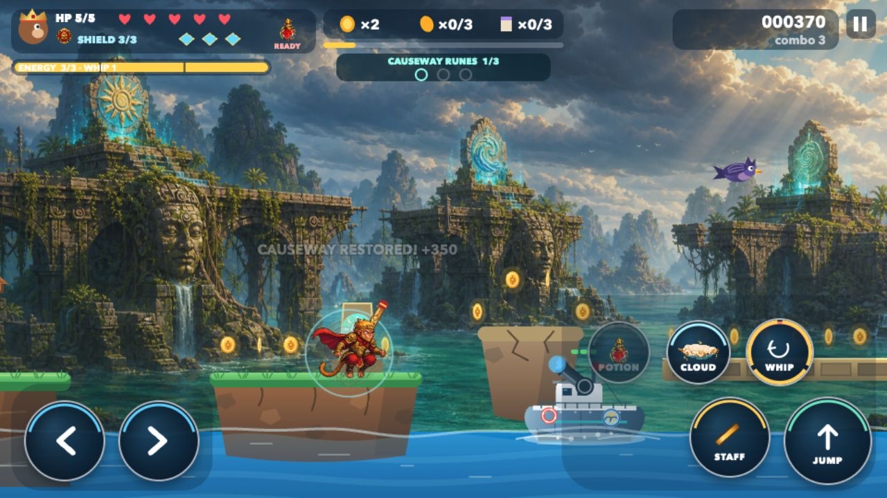 Monkey King gameplay restoring causeway runes while crossing island ruins