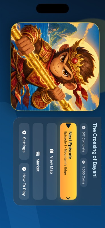Monkey King main screen with next episode, map, market, settings, and progress