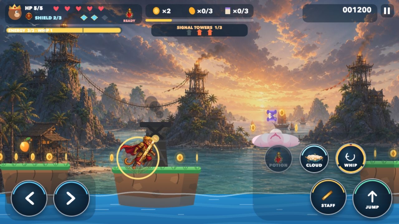 Monkey King gameplay at Signal Towers with staff, cloud, whip, potion, and jump controls