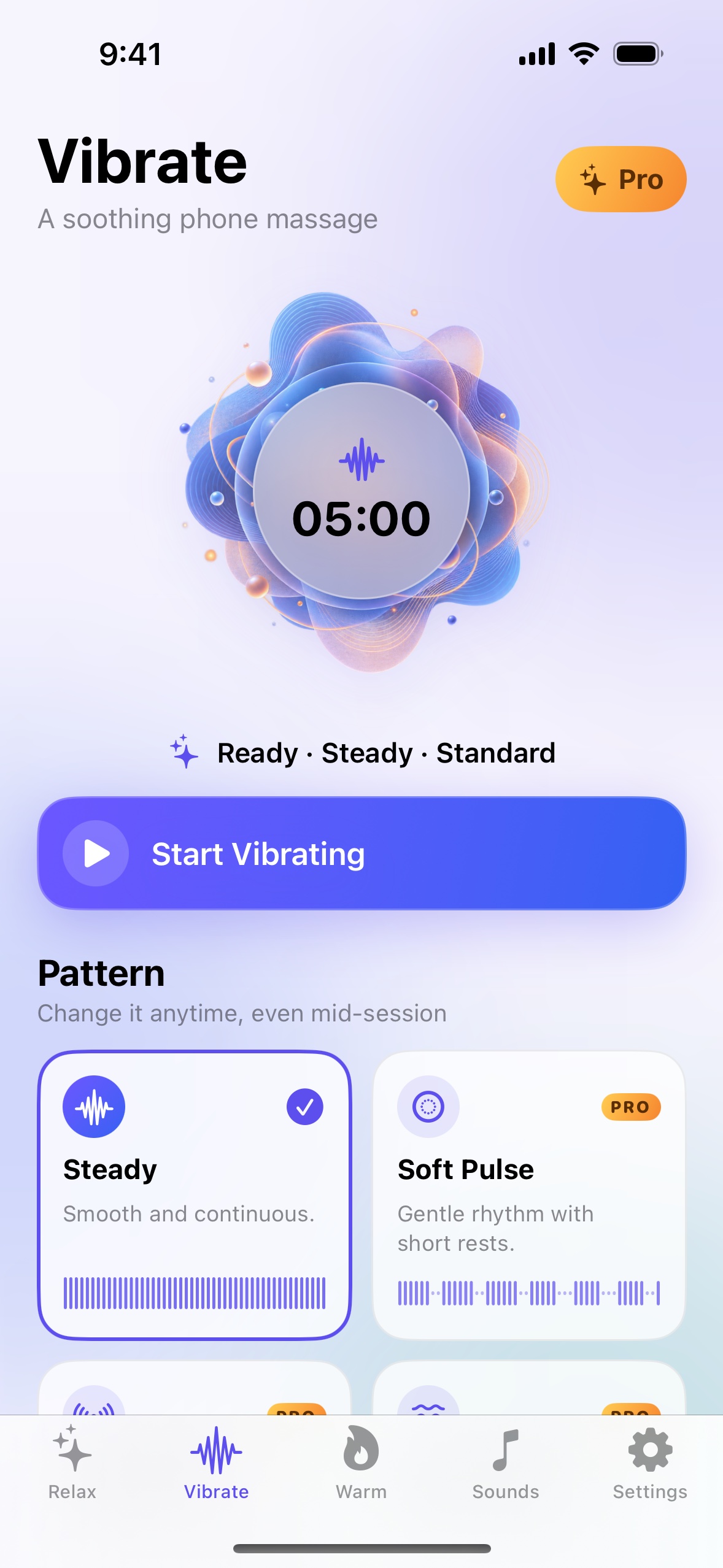 Relax Pack Vibrate screen with haptic patterns, intensity, and duration controls