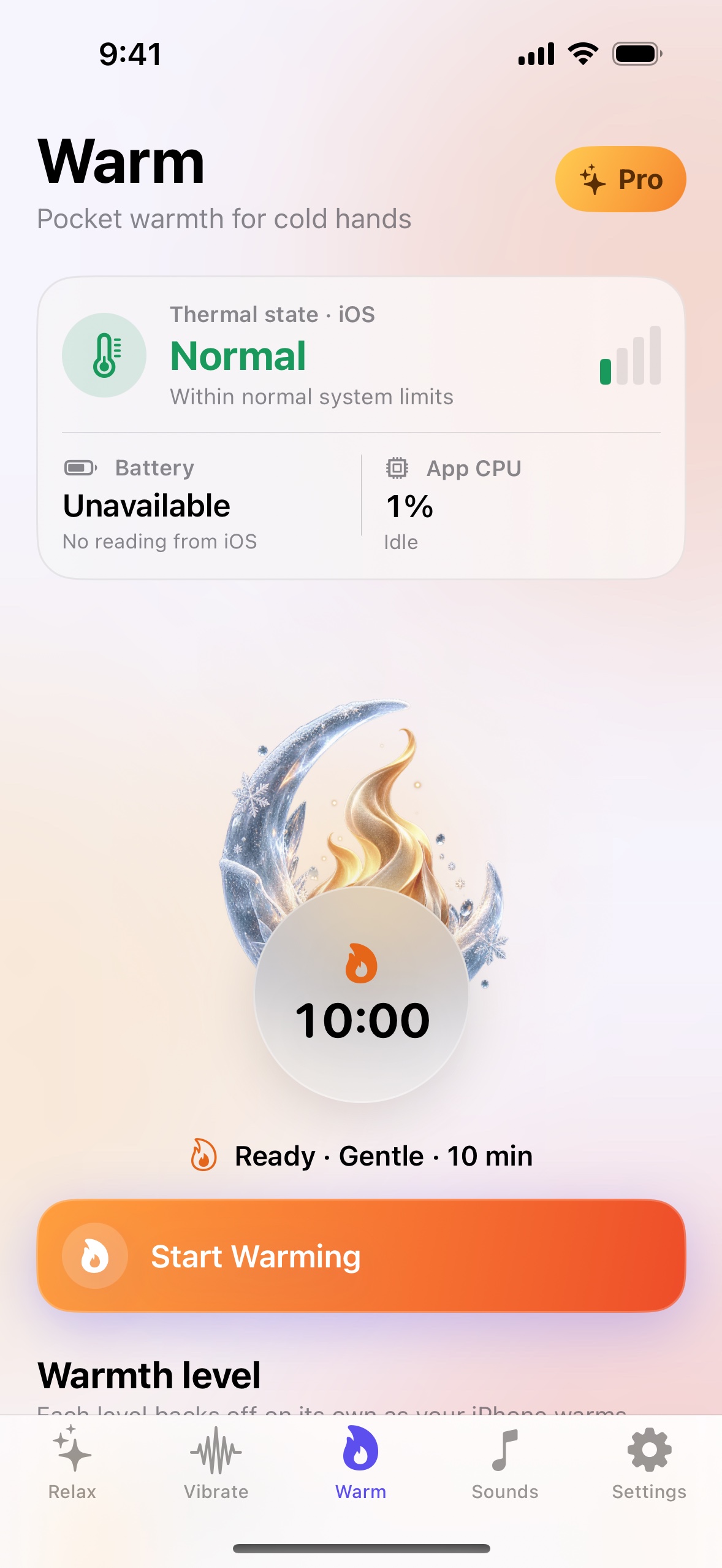 Relax Pack Warm screen with Gentle, Cozy, and Toasty levels plus live device status