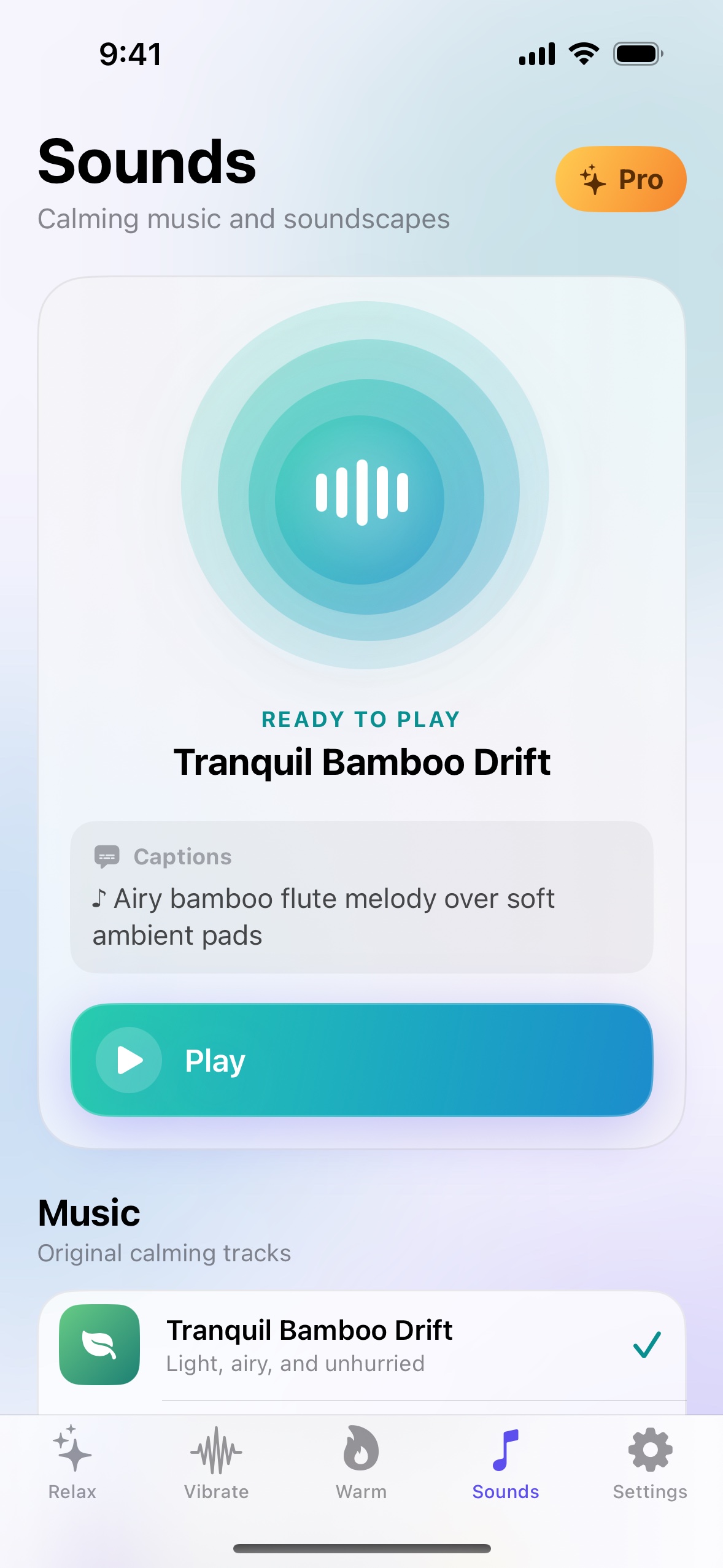 Relax Pack Sounds screen with music, layered soundscapes, volume, and sleep timer