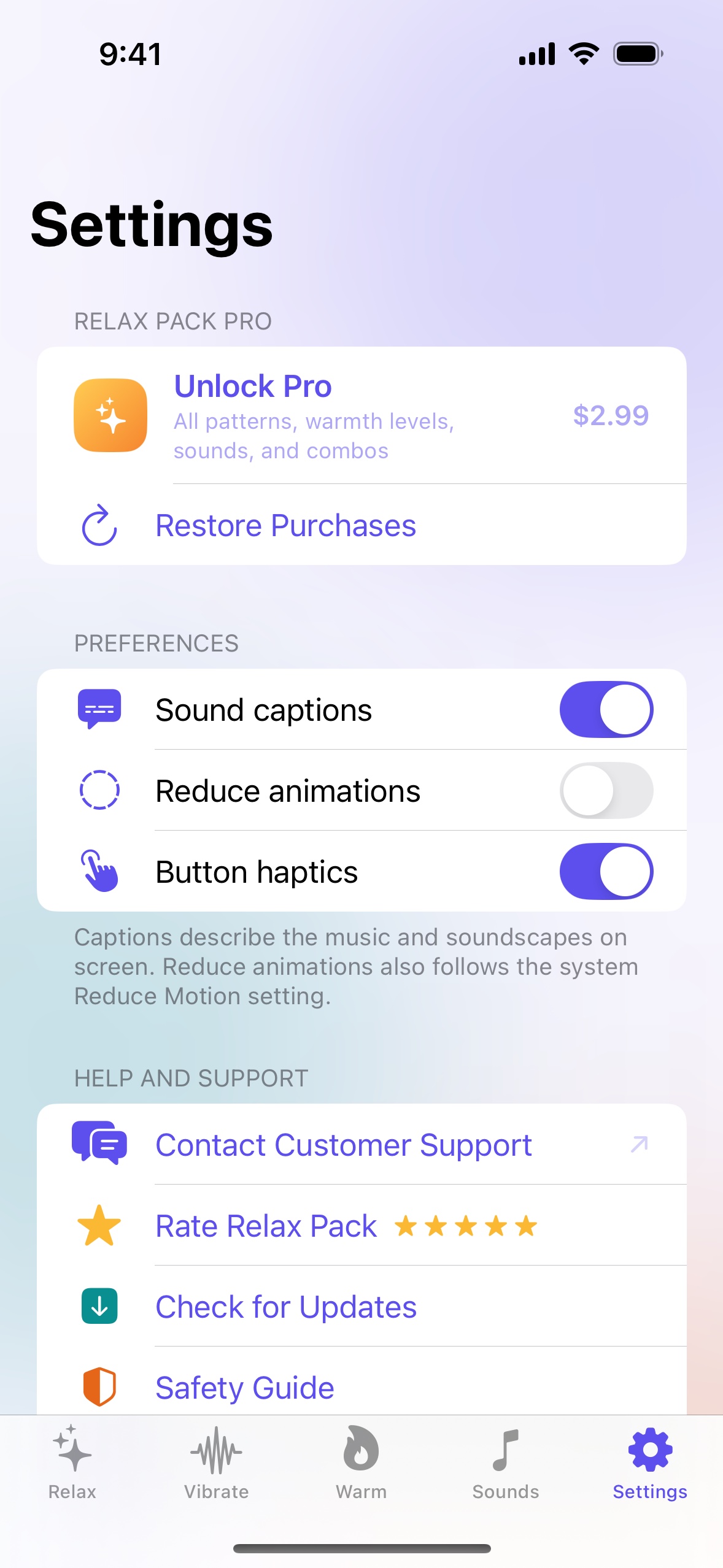 Relax Pack Settings screen with accessibility, support, privacy, and reset controls