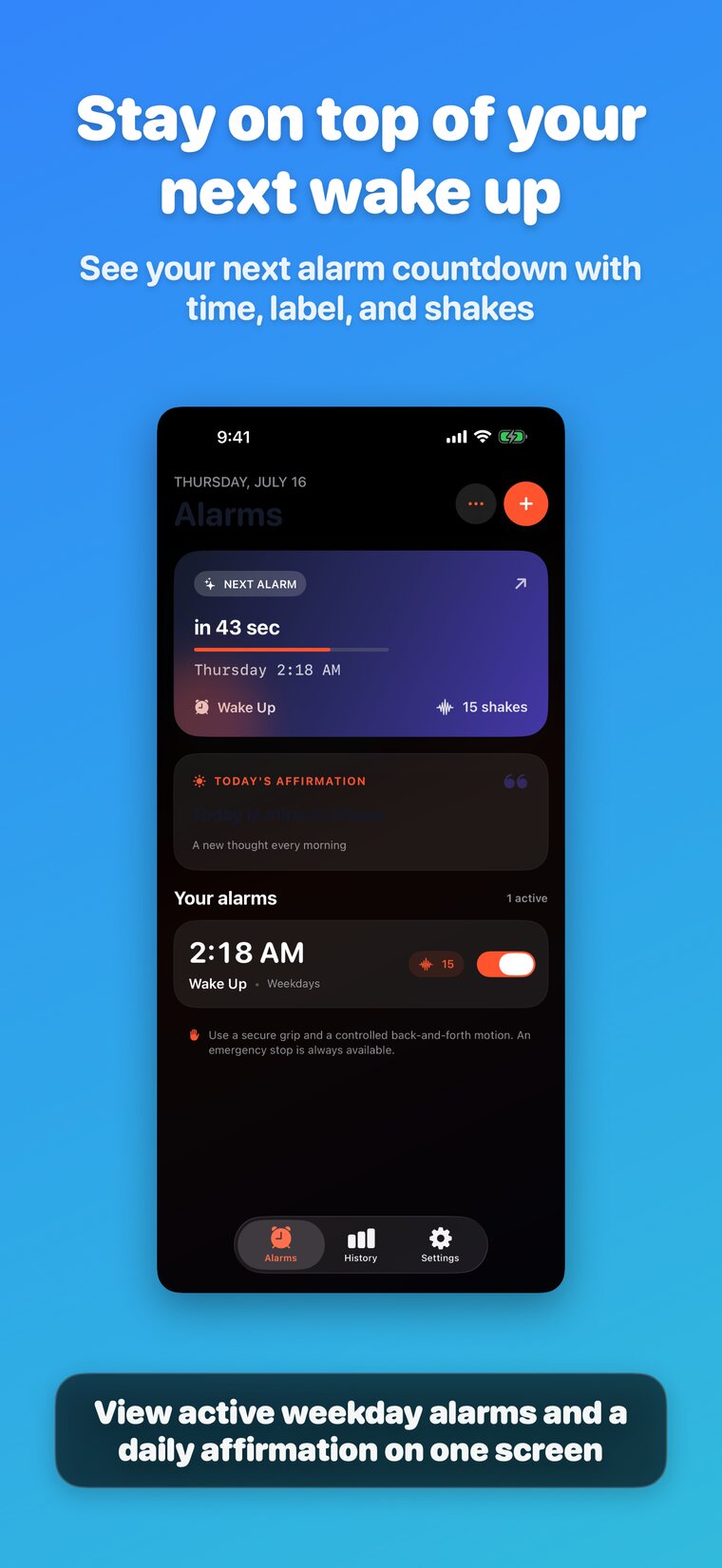 Shake Alarm home screen with smart alarms and daily affirmation
