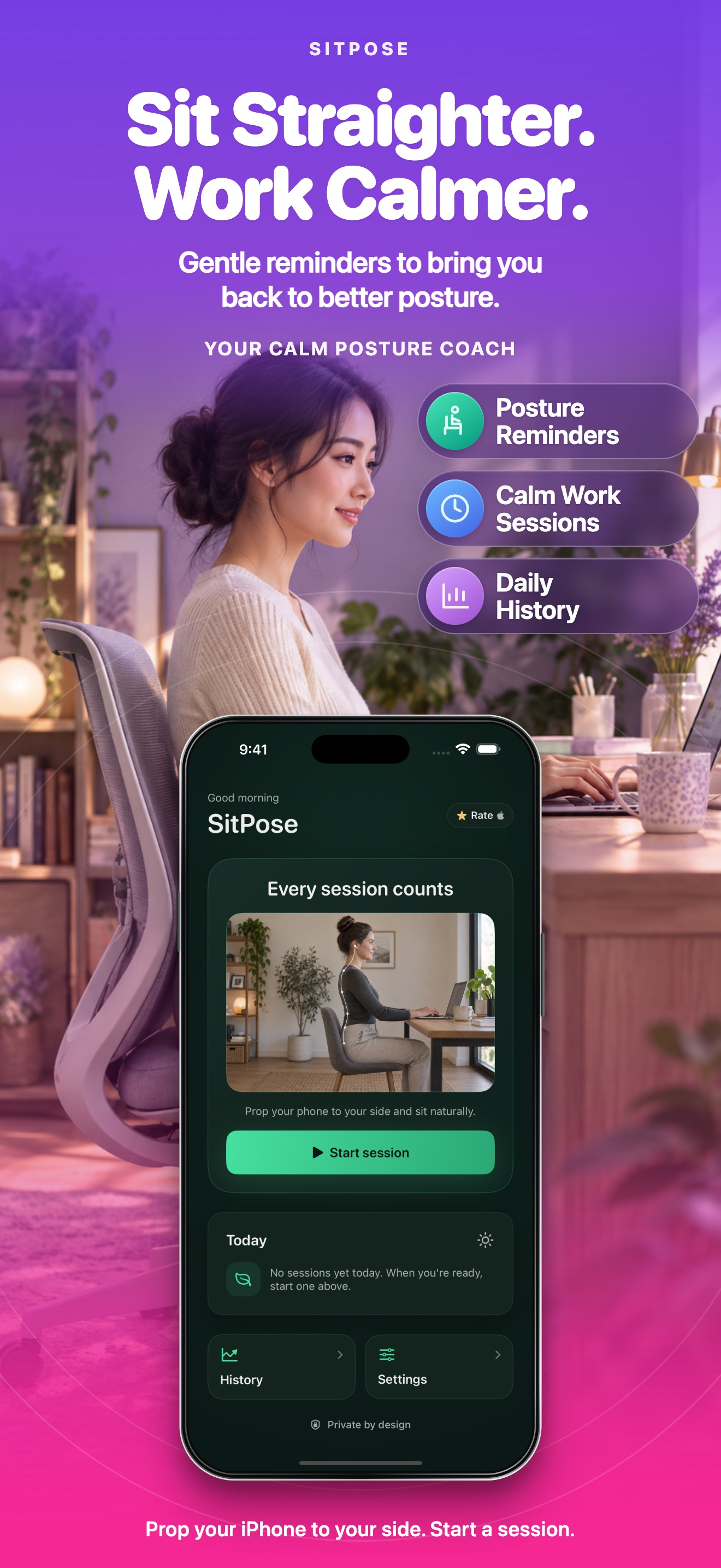 SitPose home screen with posture reminders, calm work sessions, and daily history