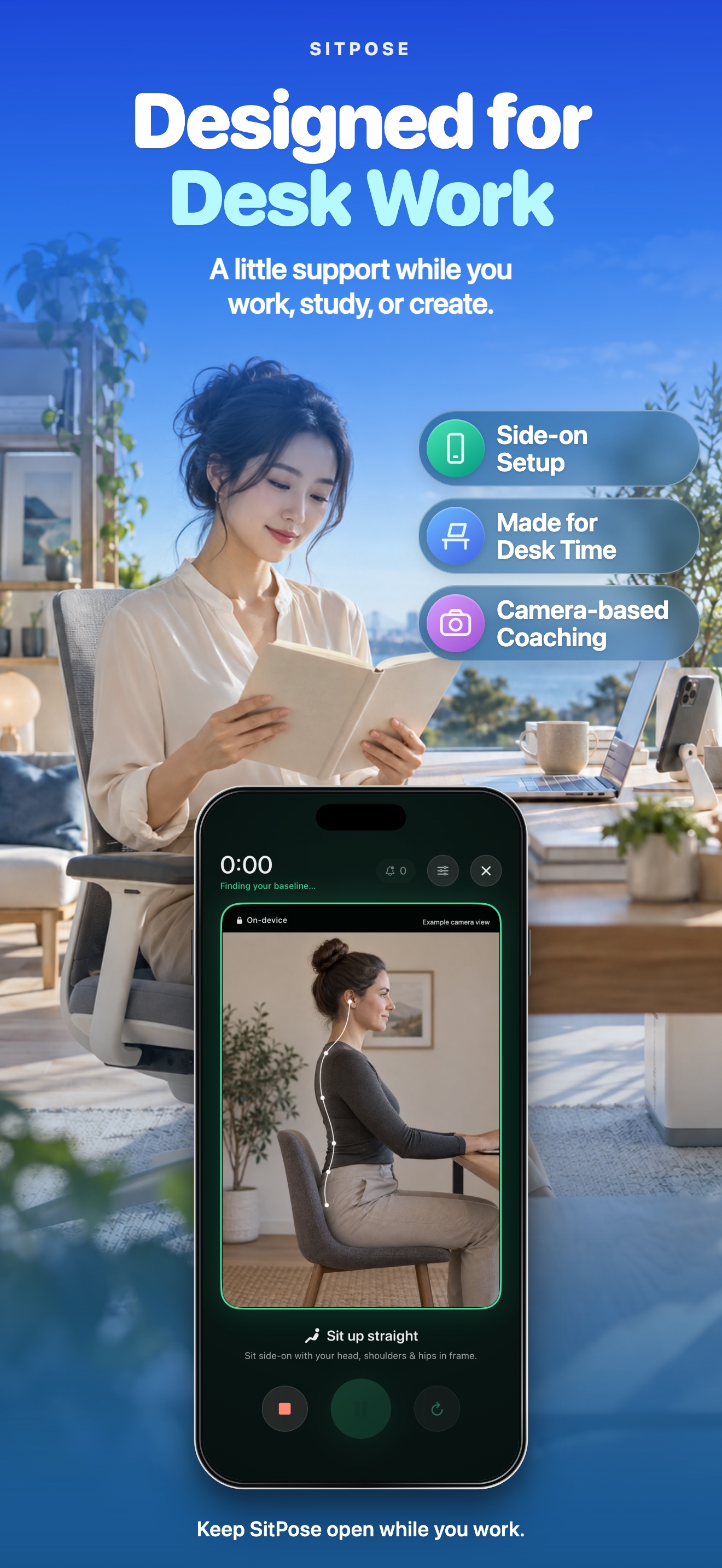 SitPose side-on camera setup with on-device posture tracking