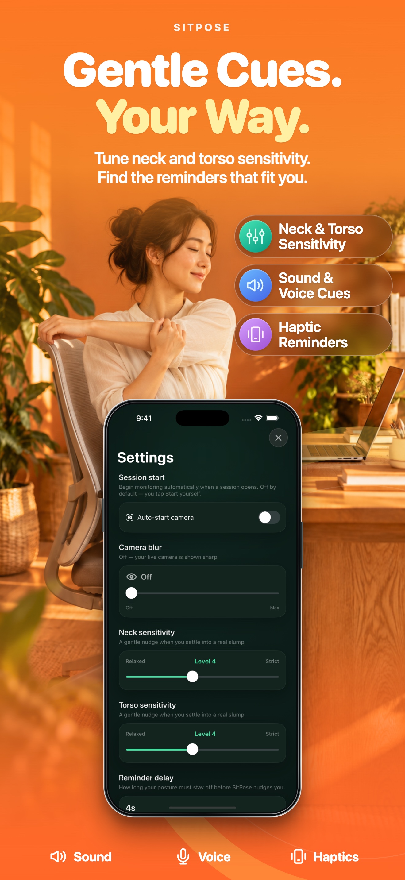 SitPose settings for neck and torso sensitivity, sound, voice, and haptic reminders