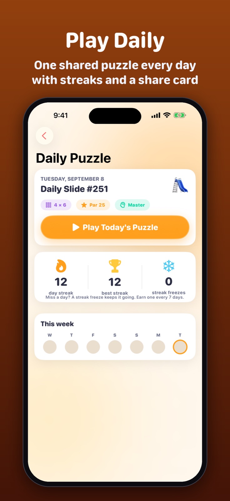 SlidePop Daily Puzzle screen with streak and weekly progress