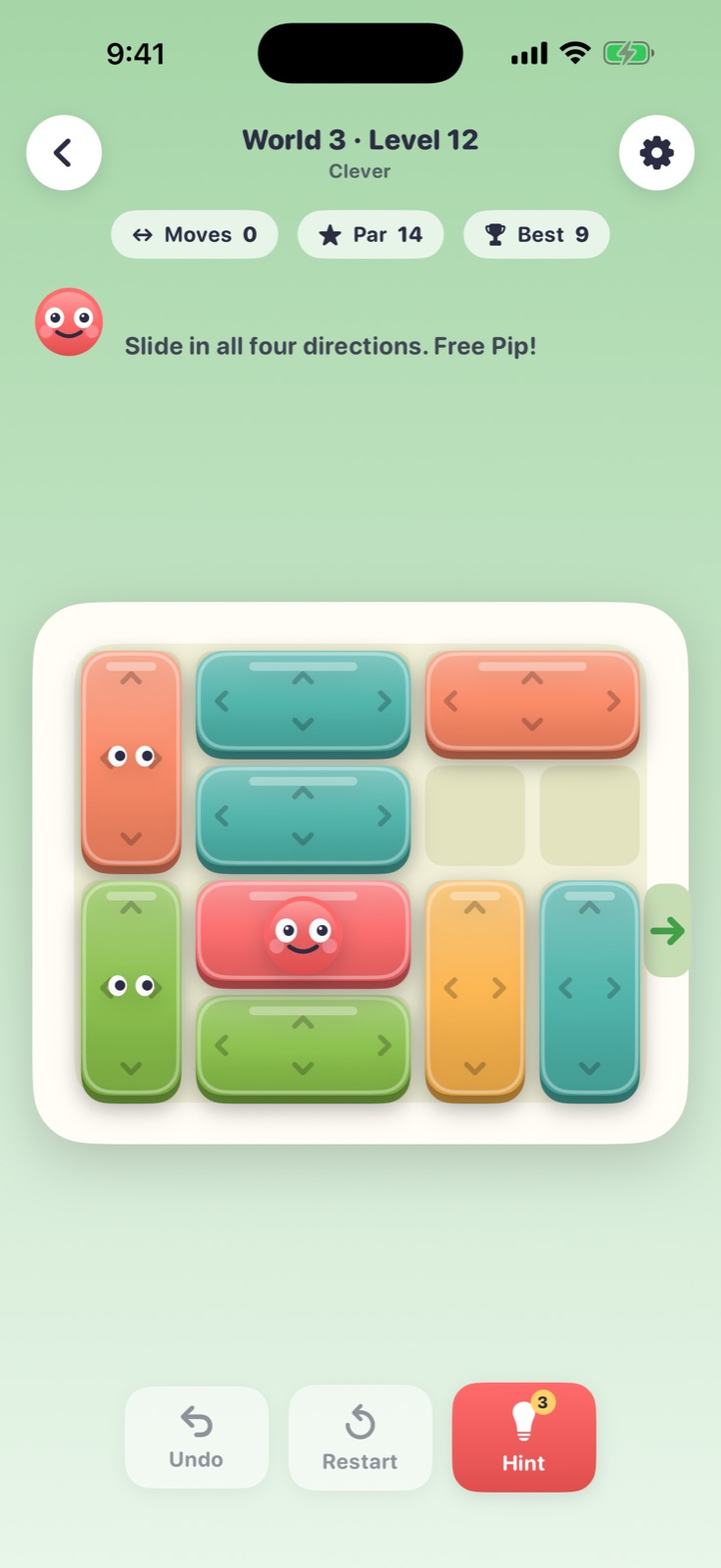 SlidePop puzzle with colorful blocks and Pip moving toward the exit