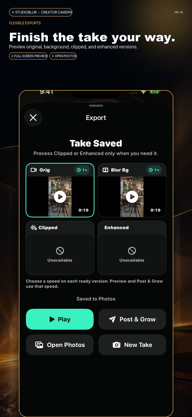 StudioBlur flexible export screen