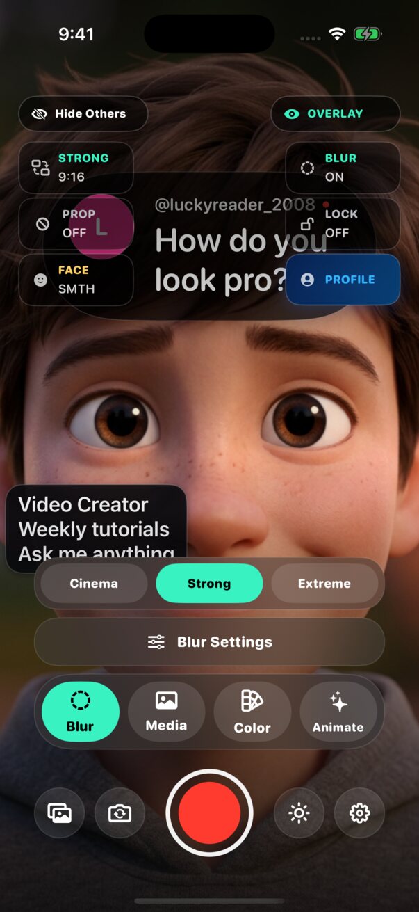 StudioBlur camera with a viewer question and creator information overlay