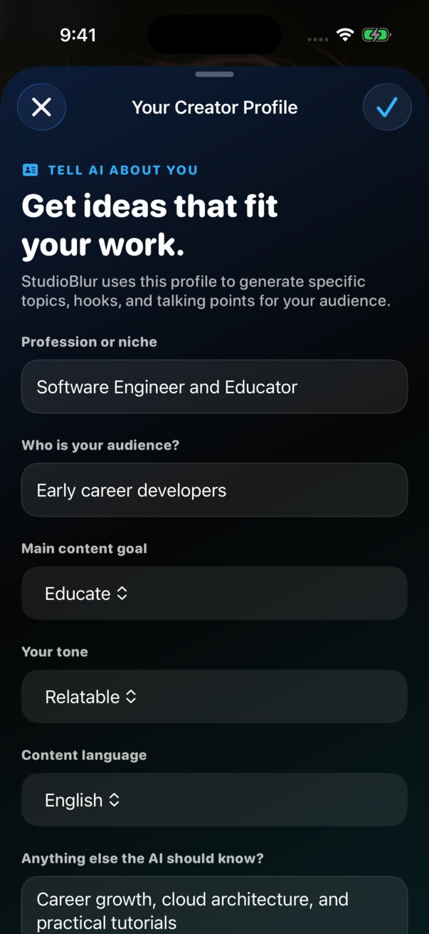 StudioBlur creator profile for personalized AI ideas