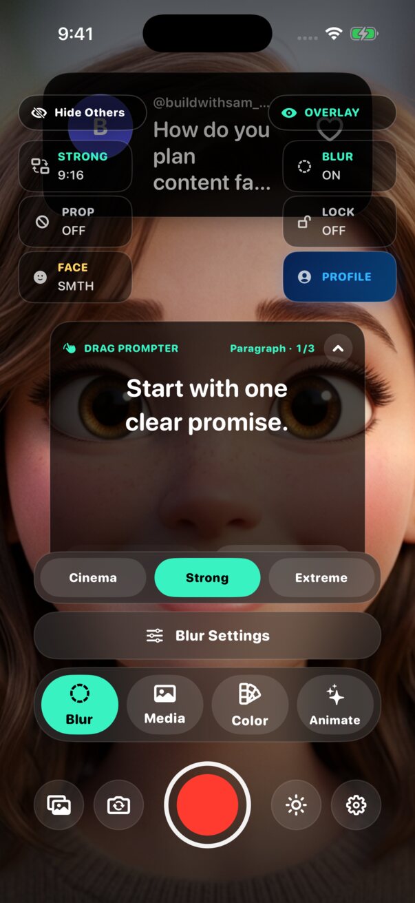 StudioBlur camera with a movable paragraph teleprompter