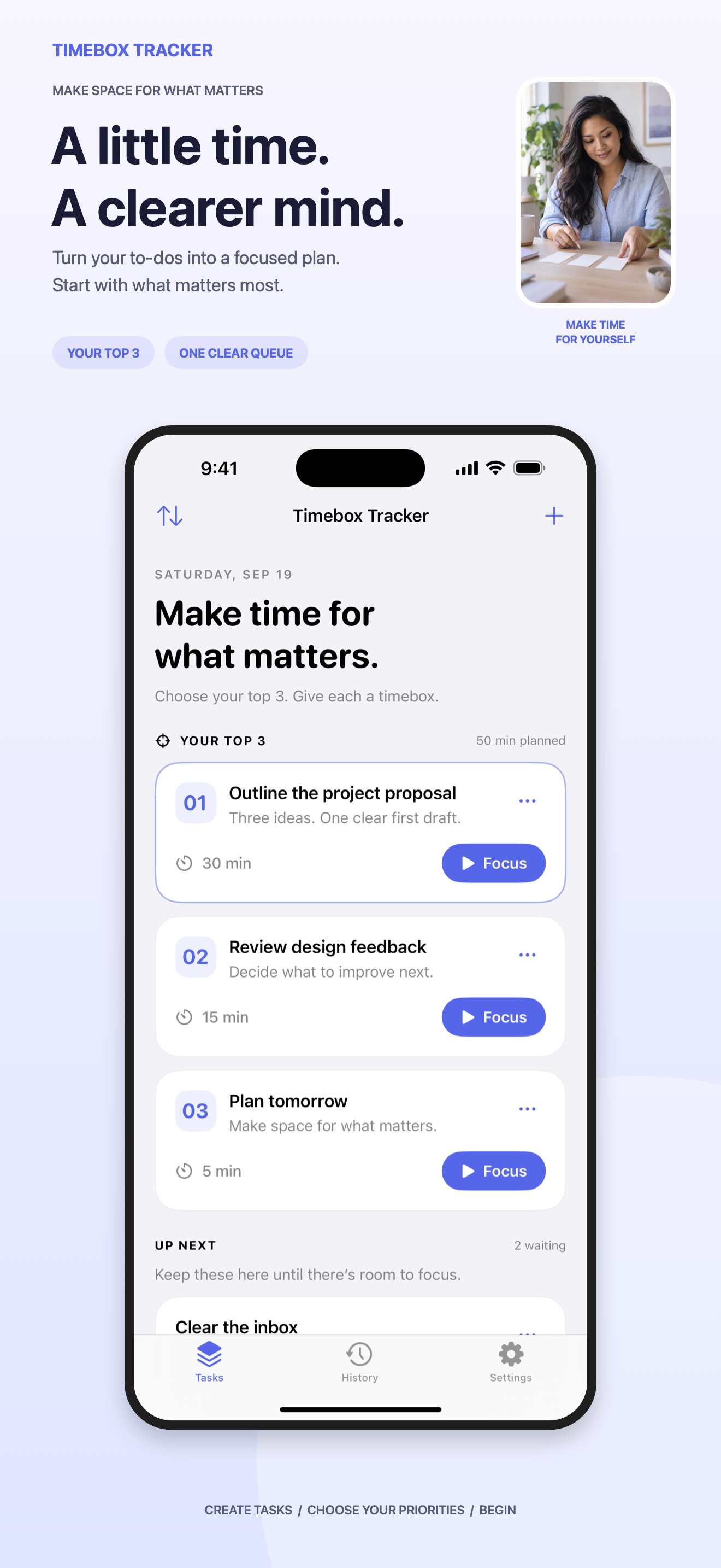 Timebox Tracker top-three task list