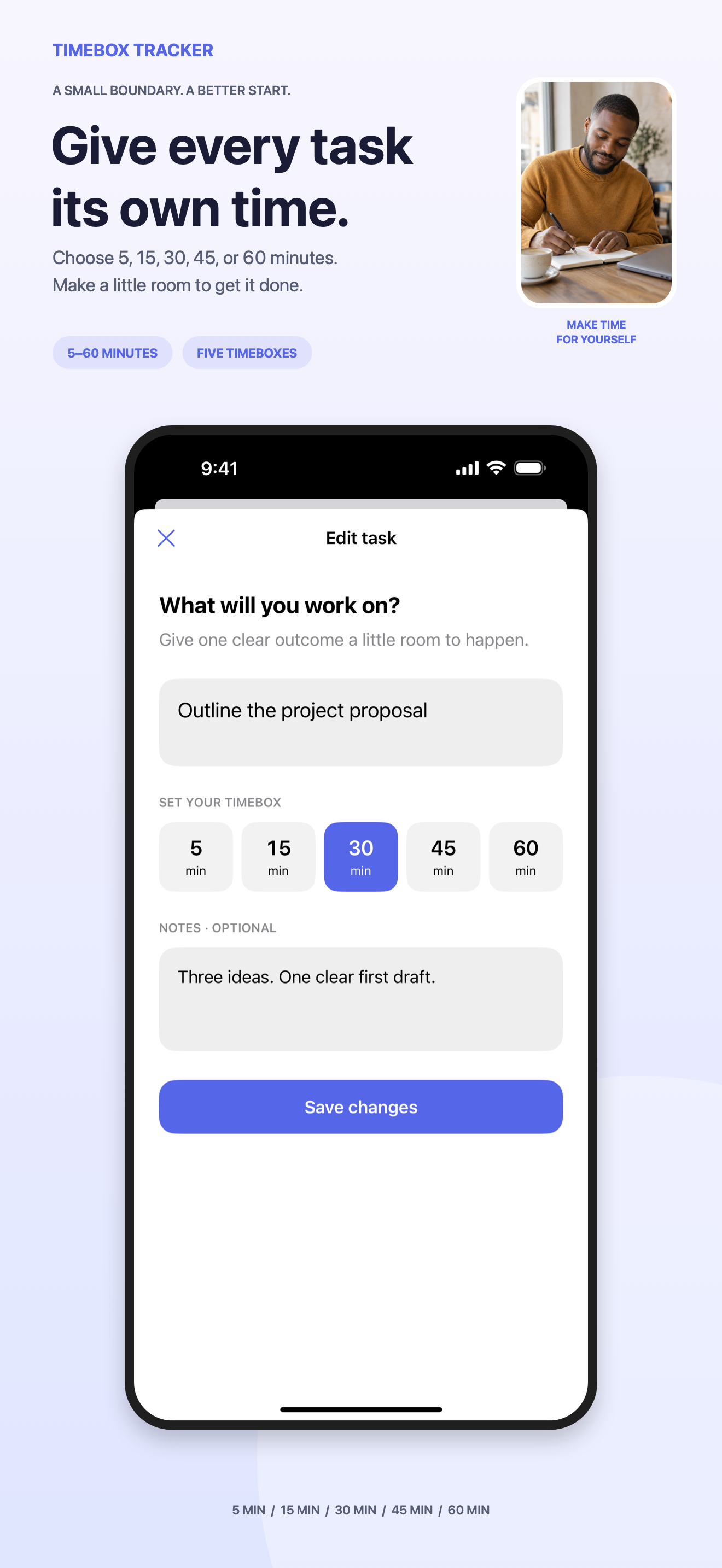 Timebox Tracker task editor with duration choices