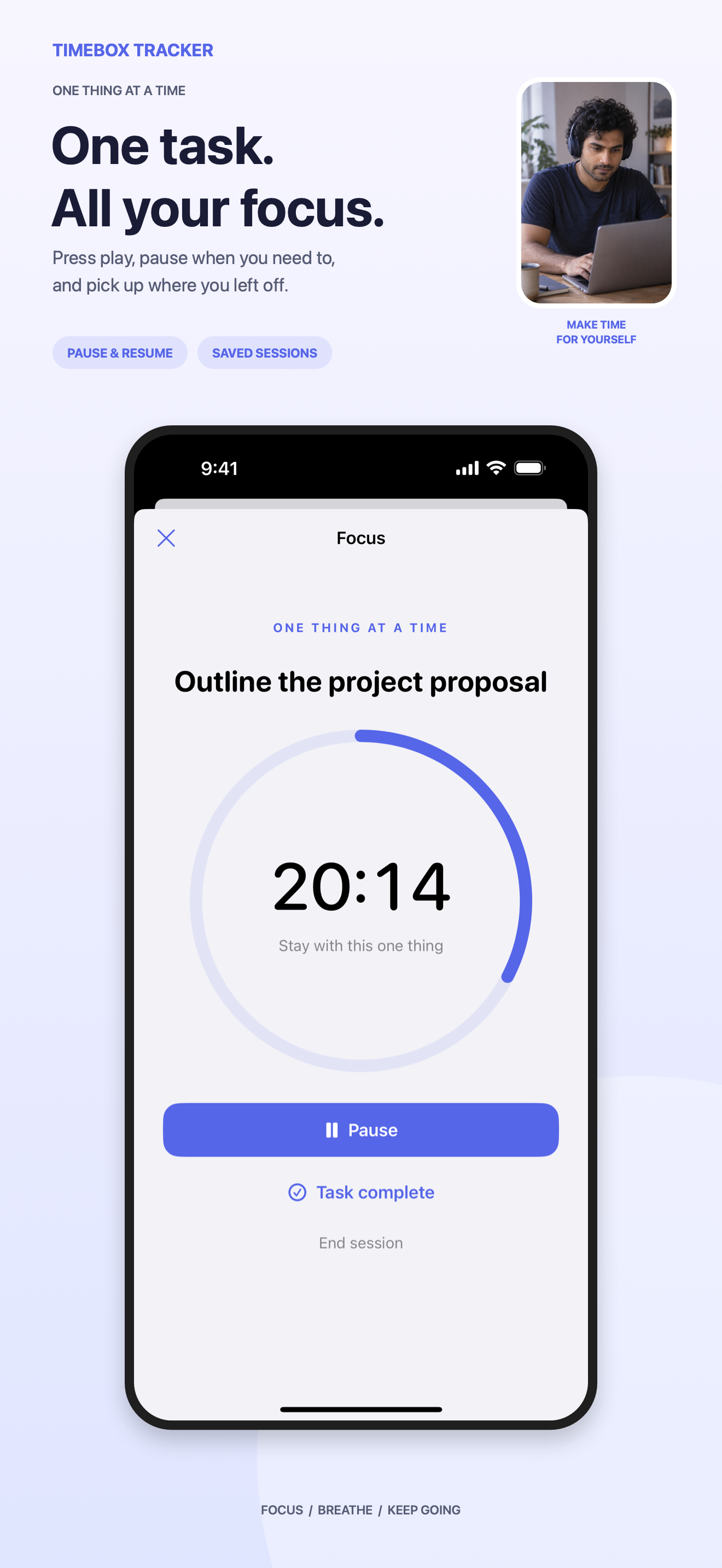 Timebox Tracker focus timer screen