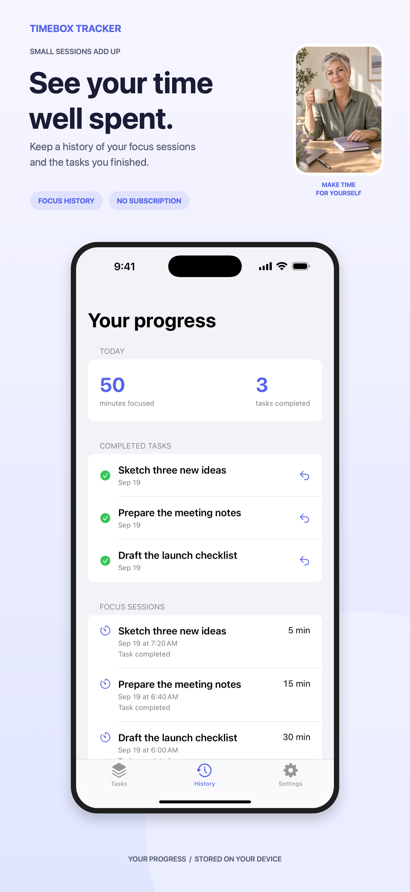 Timebox Tracker completed tasks and focus history