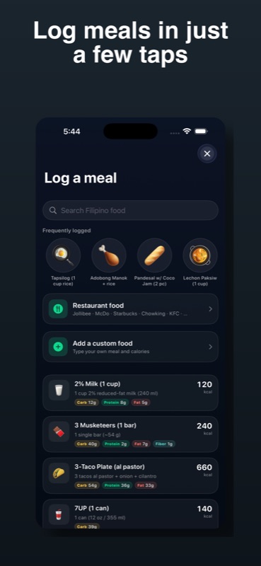 Log meals in two taps